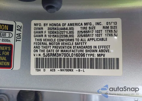 2013 Honda Cr-V Ex-L from USA, damaged, VIN 5J6RM3H70DL016096